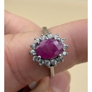 D'Joy Sterling Silver 925 Ruby Red Oval Halo Ring Size 8 Magenta Statement